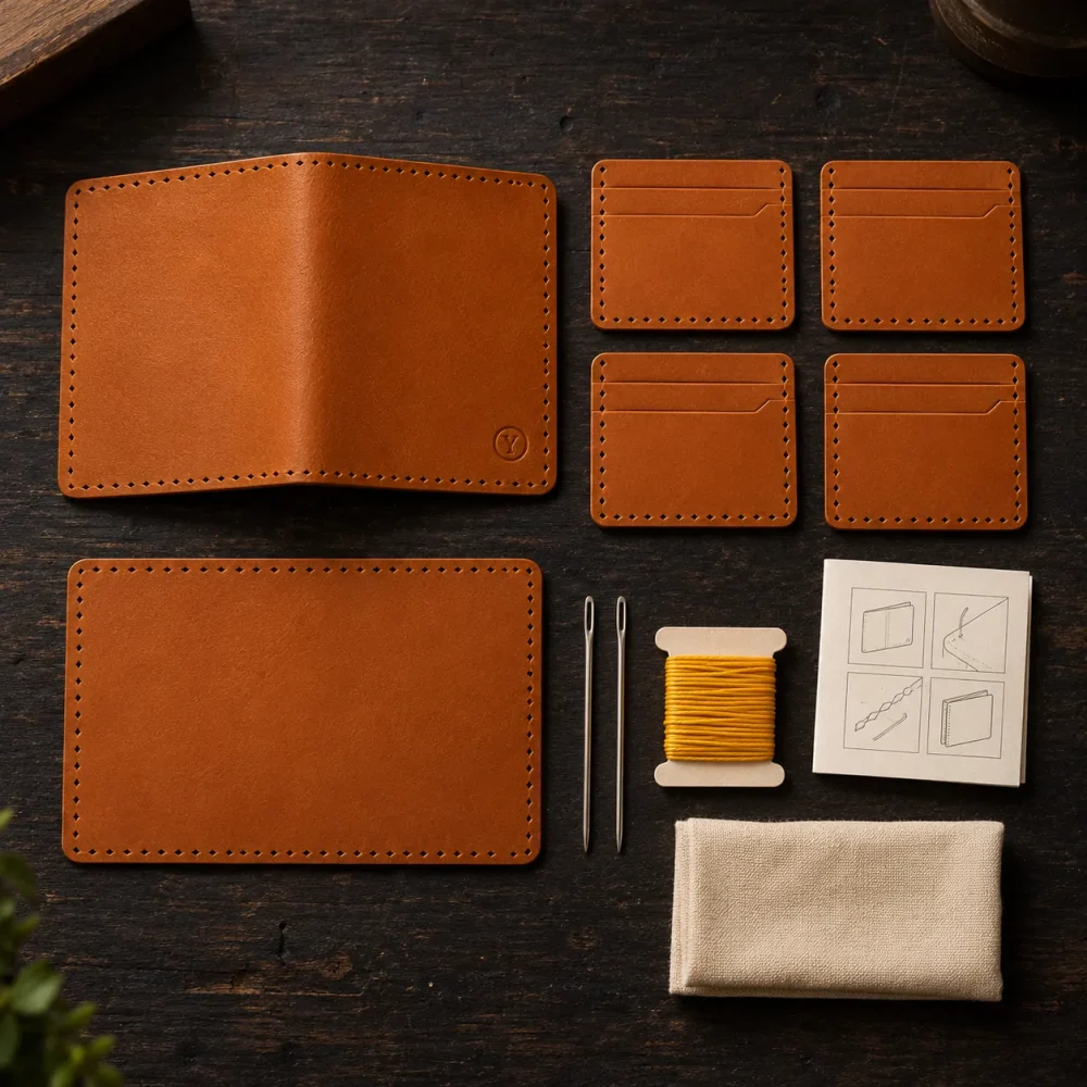 Bifold Wallet Kit, alt fra æsken lagt frem