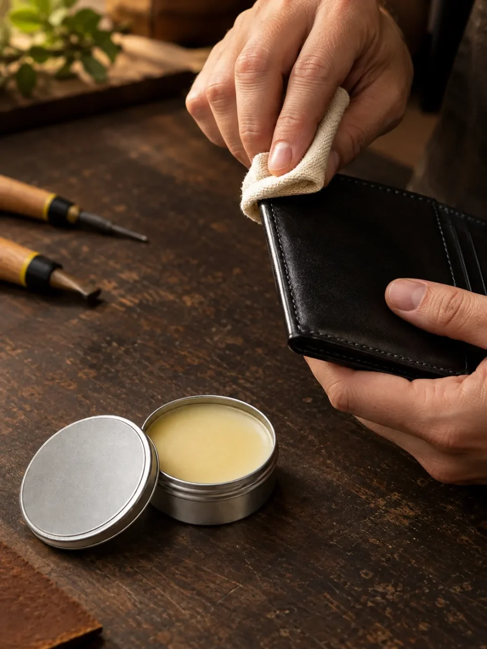 Burnishing Wax & Cloth in use
