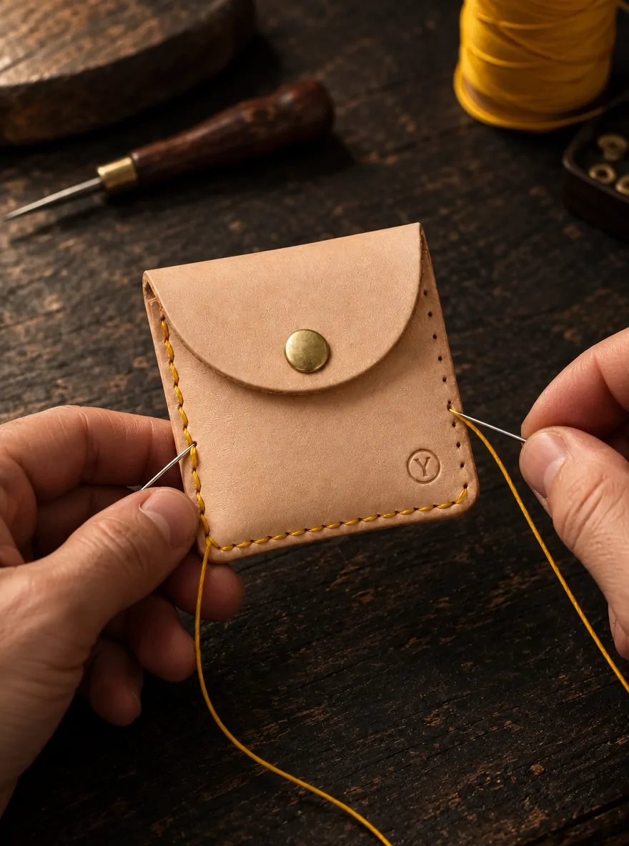 Coin Pouch Kit, en cours de couture à la main