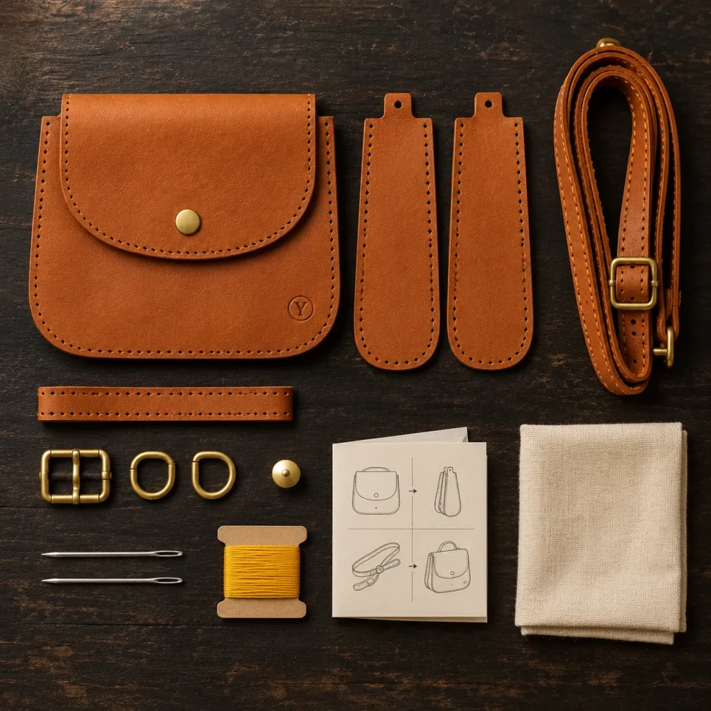 Crossbody Pouch Kit, everything in the box laid out