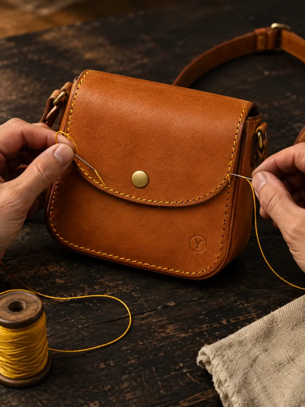 Crossbody Pouch Kit, being stitched by hand