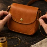 Crossbody Pouch Kit, being stitched by hand