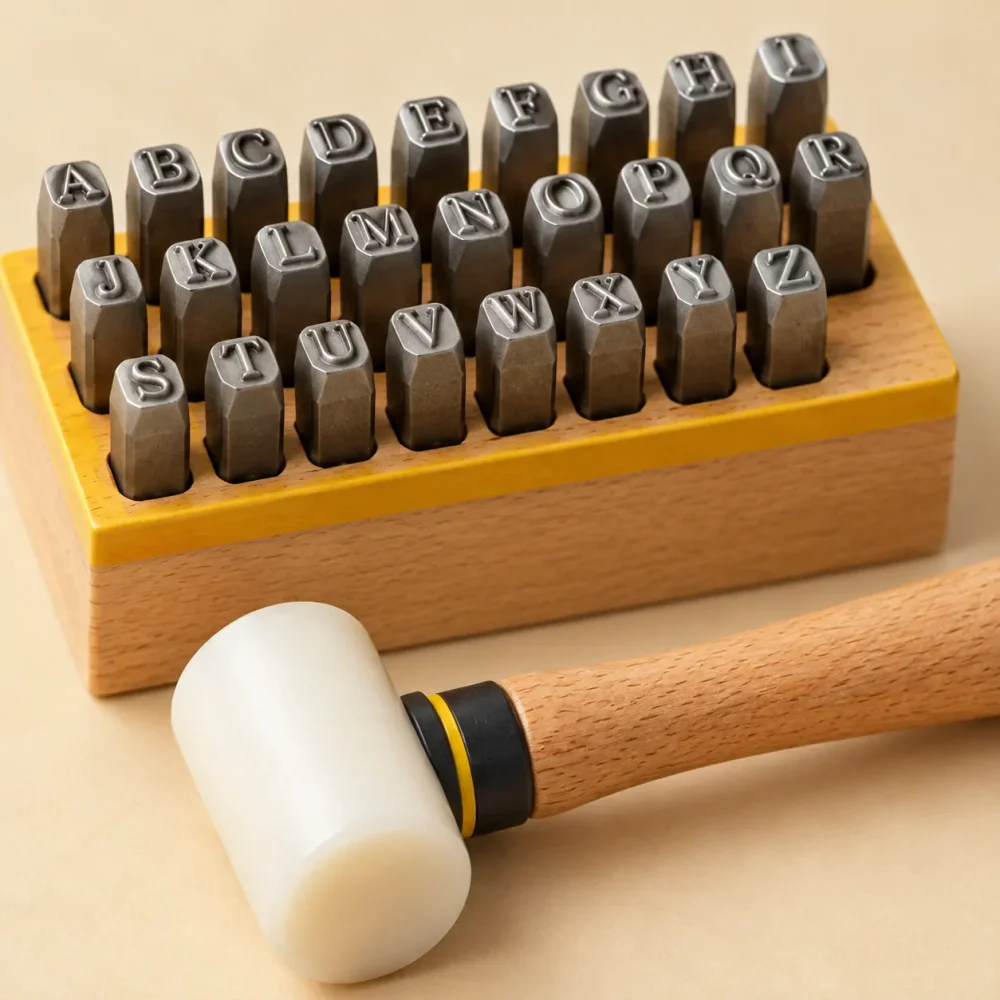Initial Stamp Set with Mallet, close-up af syning og finish