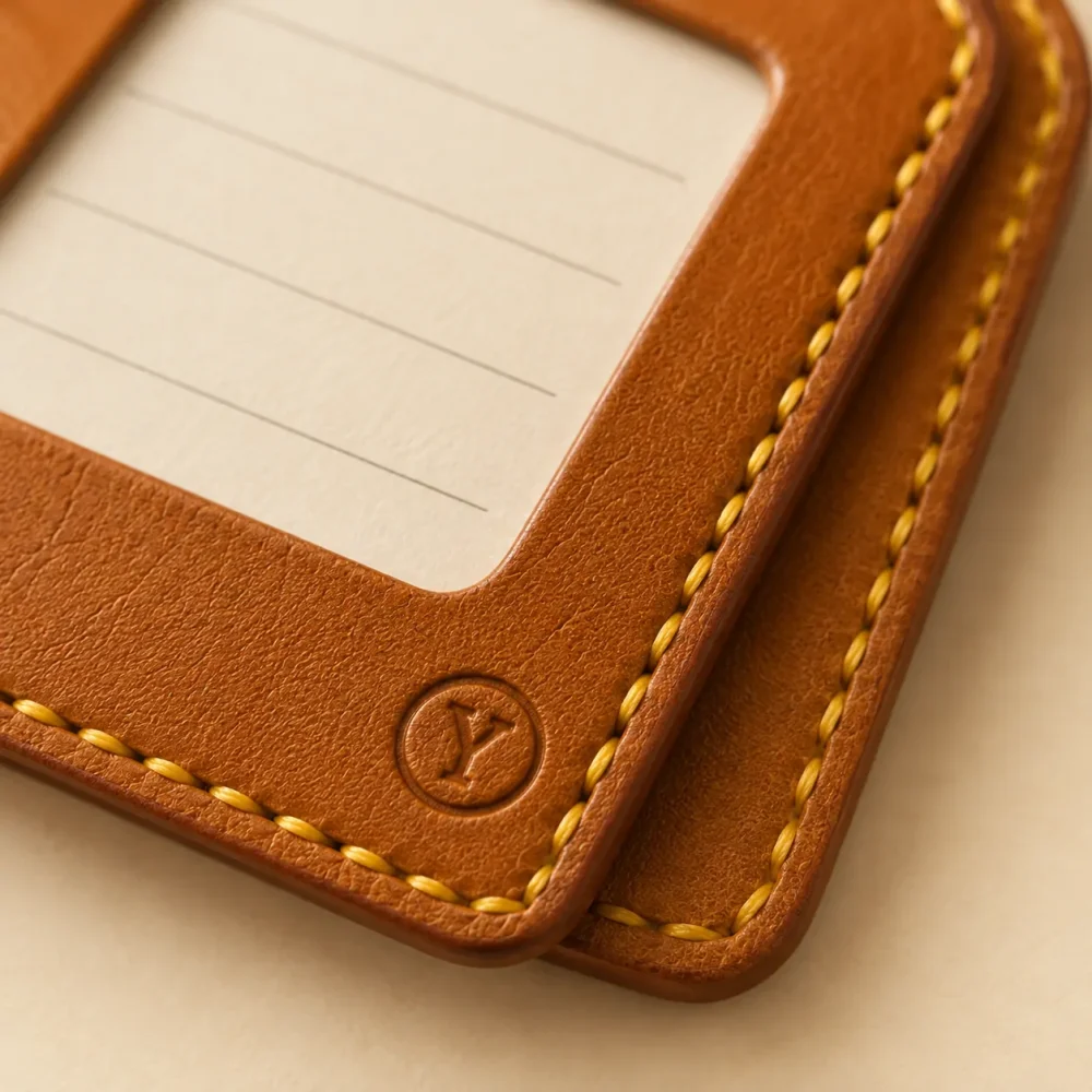 Luggage Tag Kit, close-up of the stitching and finish