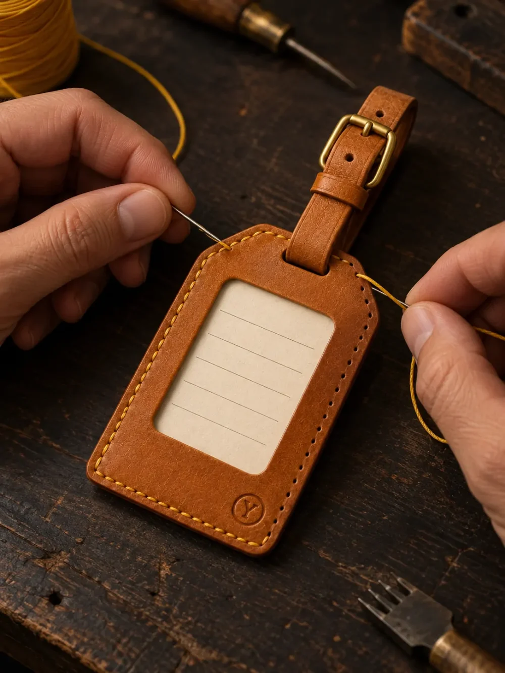 Luggage Tag Kit, being stitched by hand