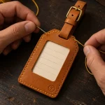 Luggage Tag Kit, being stitched by hand