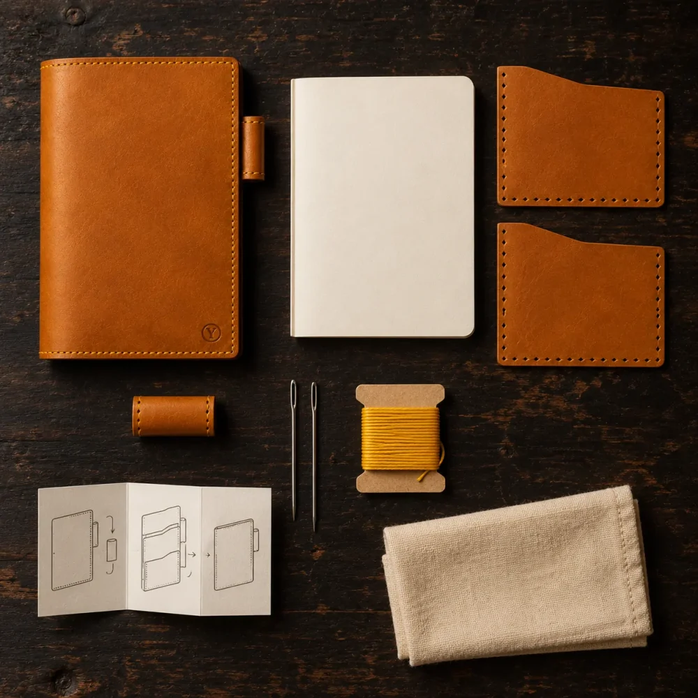 A6 Notebook Cover Kit, tutto il contenuto della scatola disposto