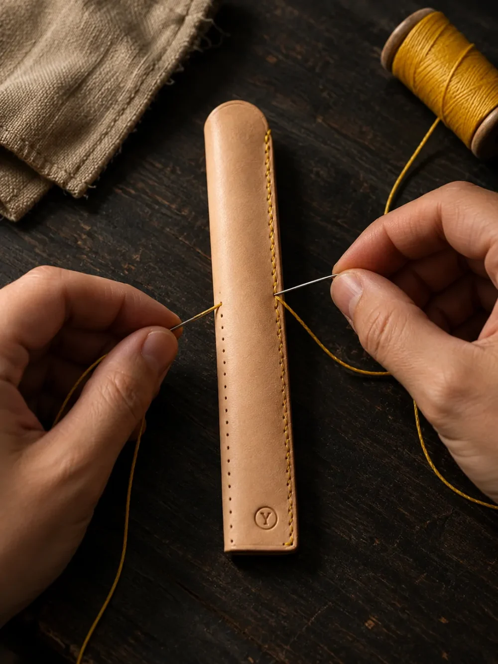 Pen Sleeve Kit, being stitched by hand
