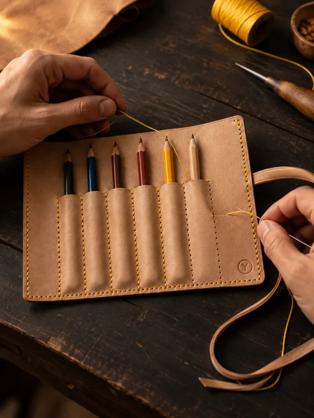 Pencil Roll Kit, being stitched by hand