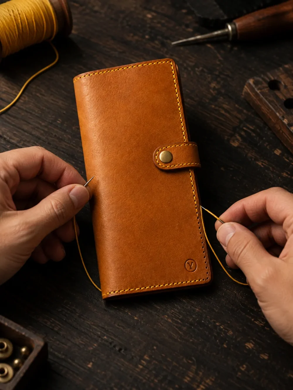Travel Wallet Kit, being stitched by hand